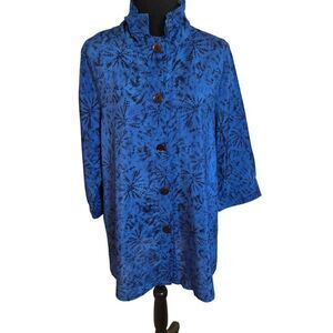 Terra SJ Apparel Womens Blue Black Print Button Front Tunic Blouse Medium